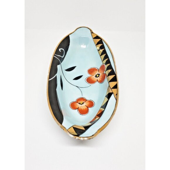 Noritake Celery Dish Hand Painted Gold Rimmed Handles Orange Flowers 7 .5 in VTG - Picture 3 of 7